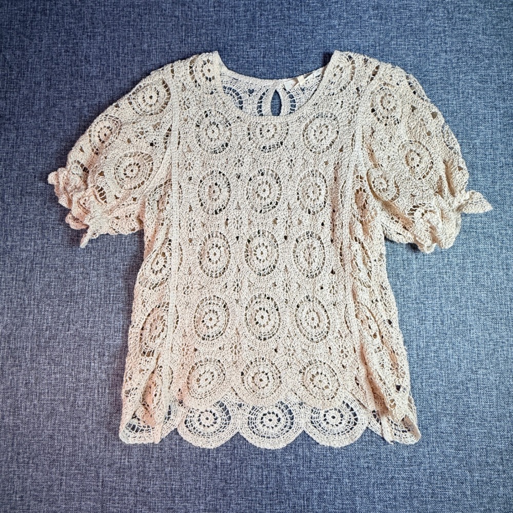 Solitaire Crochet Knit‎ Top Women Beige Short Puff Sleeve Medallion Boho | L
